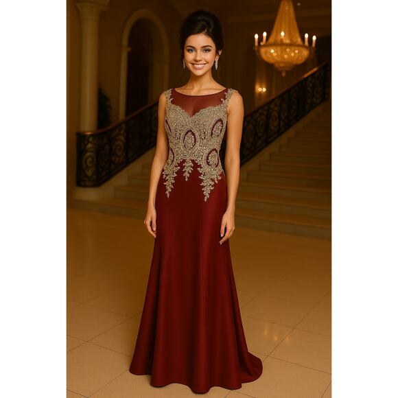 Amelia Couture Burgundy Beaded Evening Gown Formal Dress - Size 6 - Picture 1 of 16